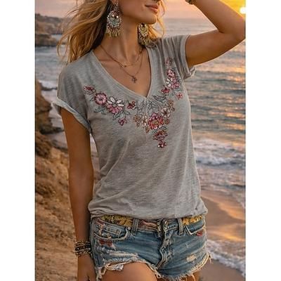 Per donna Maglietta Stampato Floreale Bohemien Vintage Casual Manica Corta Scollo a V Top Regolari Quotidiano Giallo Viola Arancione Verde Grigio Estate Primavera