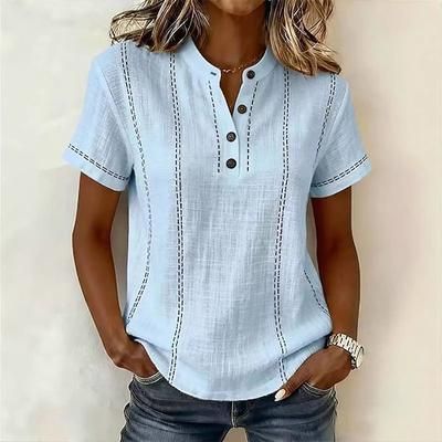 Per donna Camicie di cotone e lino Blusa Grafico A righe Vintage Elegante Essenziale Manica Corta Scollo a V Top Regolari Casuale Quotidiano Blu Bianco Rosa Arancione Verde Estate Primavera