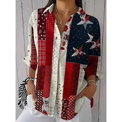 Giorno dell'Indipendenza Americana Per donna Camicia Arricciato Patchwork Bottoni Grafico Bandiera Vintage Elegante Manica Lunga Manica a Volant Manica a Campana Colletto a Camicia Top Regolari