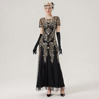 Set Anni Ruggenti Anni 1920 Lunghezza alla caviglia Lunghezza lunga Vestito Abito da sera Abiti con accessori Cortissima Il grande Gatsby Invitato al matrimonio Paillettes Paillettes Scollo Tondo