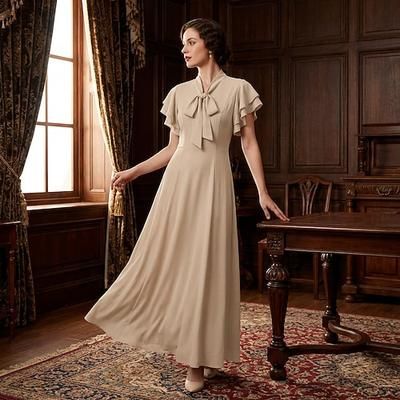 Vintage Anni Ruggenti Anni 1920 Lunghezza lunga Vestito Abito Flapper Maniche corte Il grande Gatsby Charleston Tinta unica Linea ad A Scollo a V Costume Per donna Halloween Carnevale speakeasy
