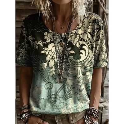 Per donna Maglietta Stampato Floreale Grafico Piante Vintage Elegante Casual Manica Corta Scollo a V Top Regolari Casuale Quotidiano Weekend Rosso ruggine Verde scuro Blu turchese Verde Grigio Estate