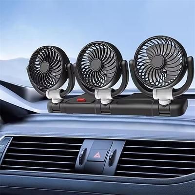 Ventilatore per auto a tre teste, ventilatore di raffreddamento per veicoli a 3 teste alimentato tramite USB da 12 V/24 V per cruscotto, potente e silenzioso circolatore d'aria per auto girevole a
