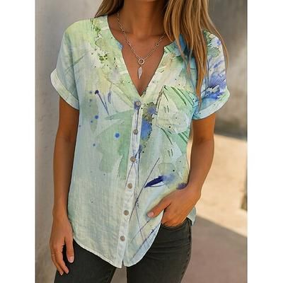 Per donna Blusa Camicia in finto lino Bottoni Stampato Floreale Vintage Elegante Casual Manica Corta Scollo a V Top Regolari Quotidiano Blu Viola Verde Azzurro Estate Primavera