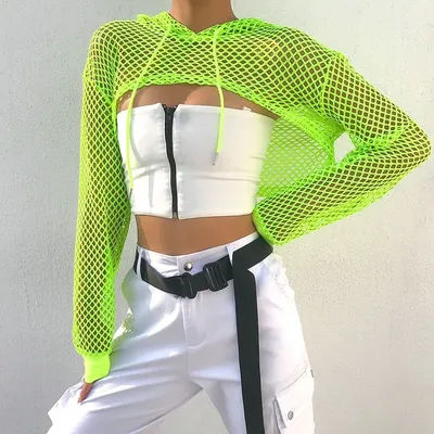 T-shirt manches longues femme, streetwear, vert néon, maille résille, sexy, court, printemps 2022