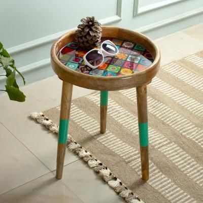 Universal Tiles,'Wood Accent Side Table with Resin Coat and Mosaic Motifs'