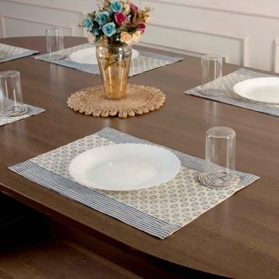 Azure Rhythm,'6 Geometric Striped Hand-Block Printed Cotton Placemats'