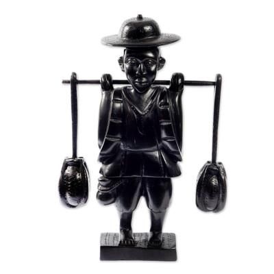 Bearing Water,'Handmade & Hand Painted Water Carrier Wood Sculpture'