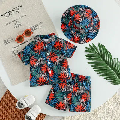 Vêtements d'été style Boho pour bébé garçon, 3 pièces, ensembles imprimés de plantes fraîches, chemise à manches courtes + Short, vêtements de plage pour enfant garçon, tenues décontractées + chapeau