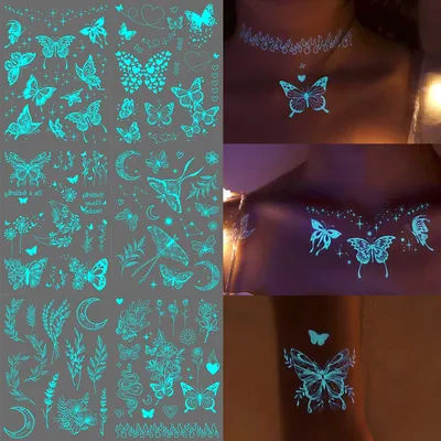 6 Sheets Blue Luminous Butterfly Flowers Tattoo Stickers,Glow In The Dark,Wedding & Music Festival Party Favor Decor Supplies