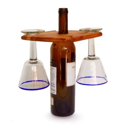 'Hand-Carved 5-Slot Natural Teak Wood Bottle and Glass Holder'