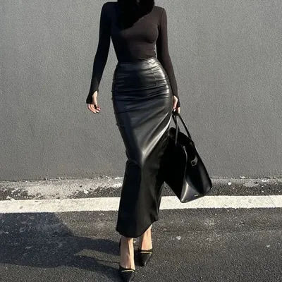 Jupe longue en similicuir pour femme - Jupe longue moulante à taille haute et à fente