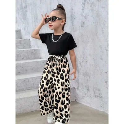Ensemble pantalon 2 pièces imprimé léopard pour filles, haut noir et pantalon large taille haute, tenue tendance pour le printemps et l'été