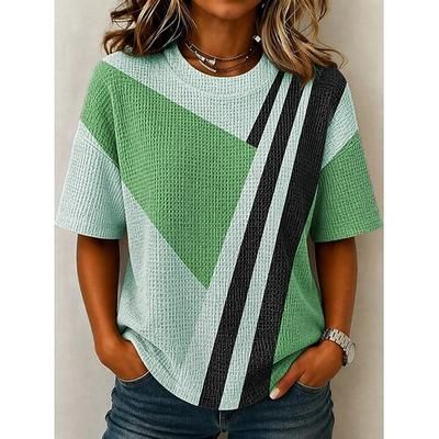 Per donna Maglietta Waffle Top a maglia con texture Maglietta Top estivi Spalla abbassata Stampato Grafico Geometrico Vintage Elegante Classico Manica Corta Girocollo Top Regolari Casuale Quotidiano