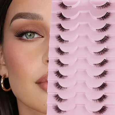 Half Lashes, Natural Look – 10 Pairs Thick Cat Eye Lashes, 10mm Wispy Lashes with Clear Band, Short False Eyelashes