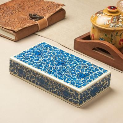 Blue Floral Kaleidoscope,'Floral Painted Lacquered Wood Papier Mache Decorative Box'