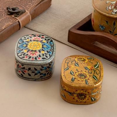 '2 Silver and Golden-Hued Wood Papier Mache Decorative Boxes'