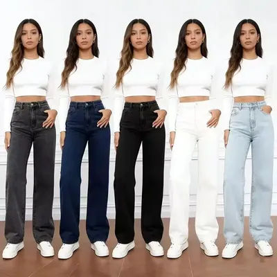 Pantalon large en denim gris noir pour femme, taille haute, coupe ample, amincissant et droit, idéal pour l'automne