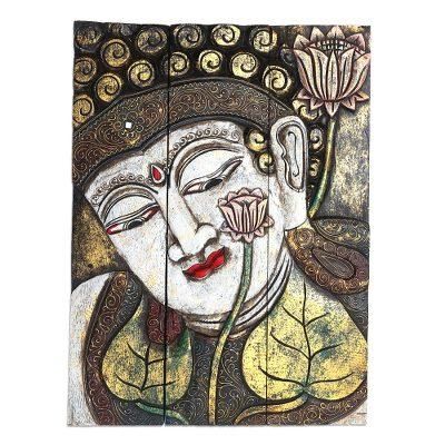 Buddha with Lotus in White,'Three Panel Wood Wall Panel Buddha with Lotus in White'