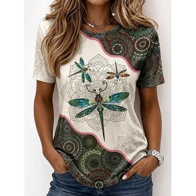 Per donna Maglietta Stampato Floreale Grafico Piante Bohemien Hawaiano Elegante Manica Corta Girocollo Top Regolari Casuale Quotidiano Bianco e nero Bianco Viola Estate Primavera Autunno