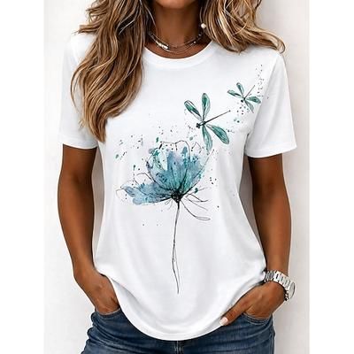 Per donna Maglietta Stampato Floreale Grafico Piante Bohemien Hawaiano Elegante Manica Corta Girocollo Top Regolari Casuale Quotidiano Bianco e nero Bianco Viola Estate Primavera Autunno