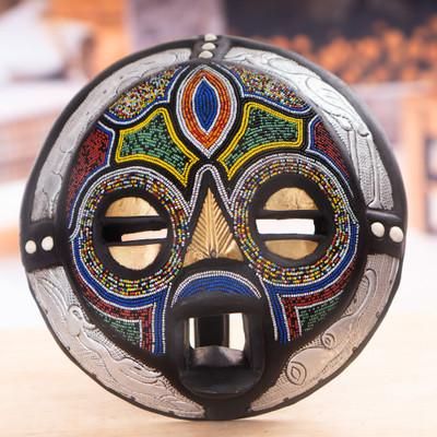 Pendo Shanga,'Recycled Glass Beaded Wood Aluminum Round African Wall Mask'