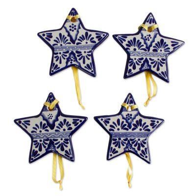 Artisanal Stars,'Blue Ceramic Star Ornaments from Mexico (Set of 4)'