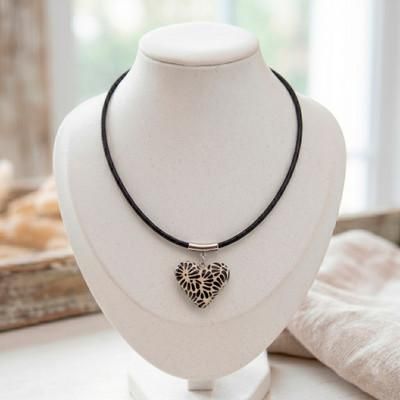 Red Feather Heart,'Leather Necklace with Talavera Style Ceramic Heart Pendant'