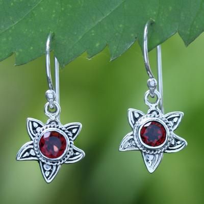 Crimson Sunflower,'Natural Garnet and Sterling Silver Floral Dangle Earrings'