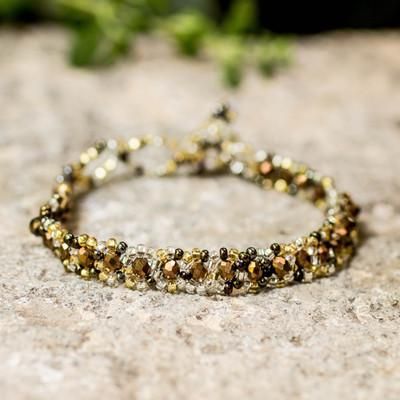 'Brown Golden-Hued Adjustable Crystal Glass Beaded Bracelet'