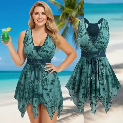 Débardeur asymétrique vert foncé pour femmes grandes tailles, orné de fleurs et de feuilles en relief, froncé, à nouer, style surplis