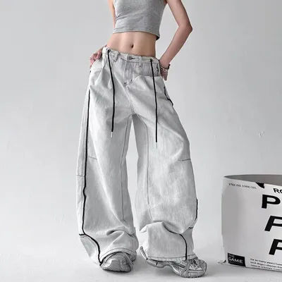 Coréen haute rue Hip-Hop pantalon à jambes larges femmes jean rayé couleur bloquée décontracté taille haute ample jambe droite pantalon