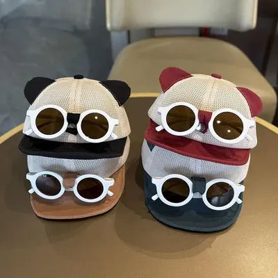 Casquette de baseball d'été en maille pour bébé avec lunettes de soleil détachables, chapeau de soleil à oreilles de dessin animé pour nourrissons garçons et filles, casquettes à visière pour enfants
