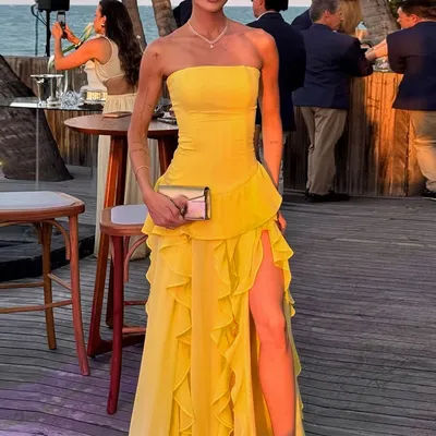 Nouvelle Robe de Soirée Plissée Élégante et Sexy pour l'été, à Taille Haute, Fendue sur le Côté, avec Haut Bustier et Épaules Dénudées