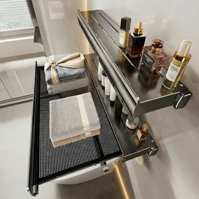 Wall Mounted No Drill Foldable Bath Towel Rack Invisible Space Saving Storage Organizer Bathroom Shelves Bathroom Accessories