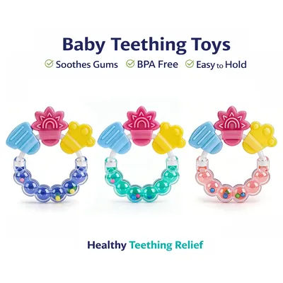 Baby Teething Ring Toy BPA Free Silicone Teether with Rattle Easy Grip Infant Gum Relief Chew Toy for Babies