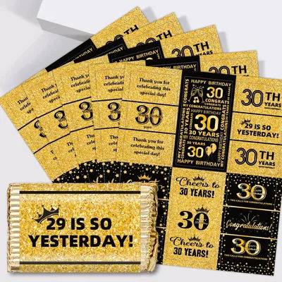 5sheets/30pcs 30-70th Golden&Black Candy Bar Chocolate Wrap Stickers,Years Anniversary Decor,Happy Birthday Label,Party Supplies