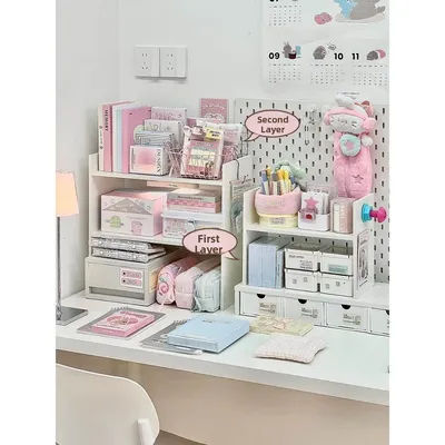 Multi-Layer Desktop Organizer Rack Study Desk Supplies Storage Arrangement Shelf Home Use Student Bookshelf Country Style PE ...