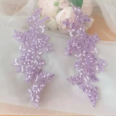 6Pcs=3Pairs. 26*11.5cm Shiny Sequins Rope Embroidery Lace Mirrored Flowers. Headdress DIY Sewing Accessories.Hot Pink Lace