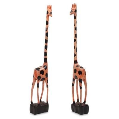 'Happy Giraffes' (pair) - Hand Painted Wood Sculptures