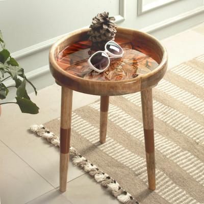 Royal Bloom,'Resin-Coated Mango Wood Accent Table with a Floral Motif'