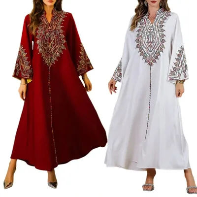 Islamic Women Dress Full Cover Kaftan Dress Embroidered Dress Full Cover Islamic Gown Long Sleeve Middle East Robe Dress