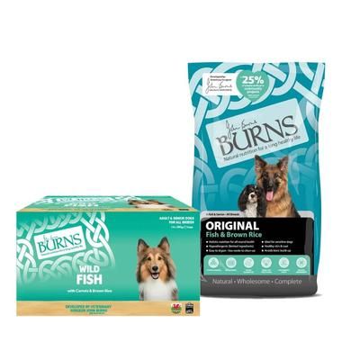 12kg Adult & Senior Original - Fish & Brown Rice Dry Dog Food + 16 x 395g Fish Wet Dog Food Burns