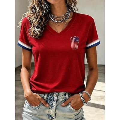 Giorno dell'Indipendenza Americana Per donna Maglietta Stampato Grafico Lettera Bandiera Americana Vintage Elegante Classico Manica Corta Scollo a V Top Regolari Casuale Quotidiano Blu Bianco Rosso