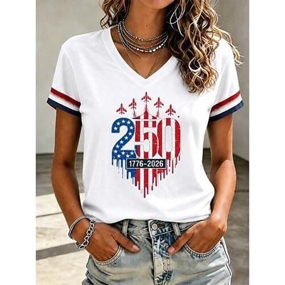 Giorno dell'Indipendenza Americana Per donna Maglietta Stampato Grafico Bandiera Americana Vintage Elegante Classico Manica Corta Scollo a V Top Regolari Casuale Quotidiano Blu Bianco Rosso Estate