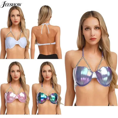 Haut de bikini métallique brillant pour femmes, col halter, forme de coquille, chaîne de perles, soutien-gorge push-up, cosplay de sirène, haut de bain, vêtements de plage