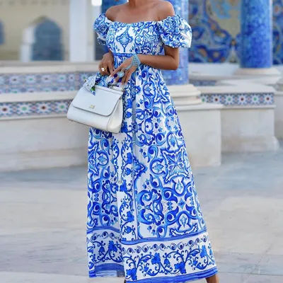 Robe longue bohème élégante à imprimé pour femme, décontractée, à épaules dénudées, manches courtes, taille haute, pour les vacances d'été