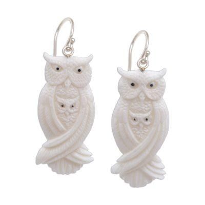 Owl Bond,'Handcrafted Bone Owl Family Dangle Earrings from Bali'