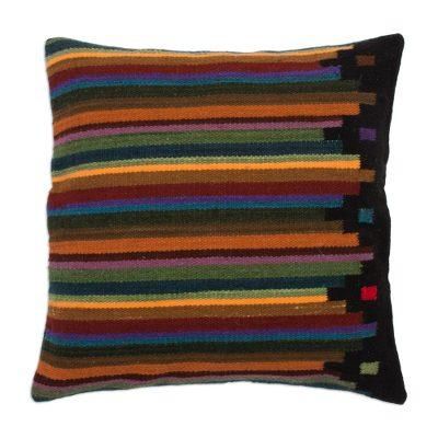 Dreaming in Color,'Multicolor Striped Wool Handwoven Cushion Cover from Peru'
