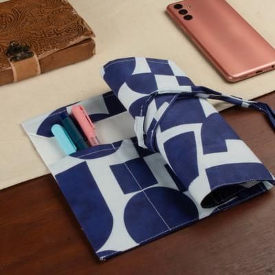 'Block-Printed Blue and White 100% Cotton Roll Pencil Case'